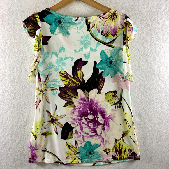 Women‎ Feminine Blouse Sz S Colorful Floral Flutter Sleeve Cowl Neck Bloomcore - Picture 4 of 11